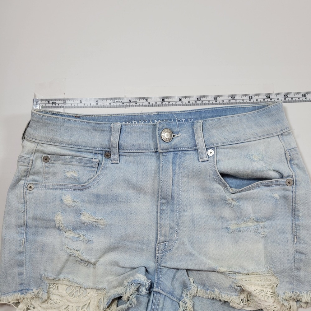 American Eagle Denim Short Women 6 Blue Excellent Hi-Rise Lace Crochet Distress - Picture 3 of 10